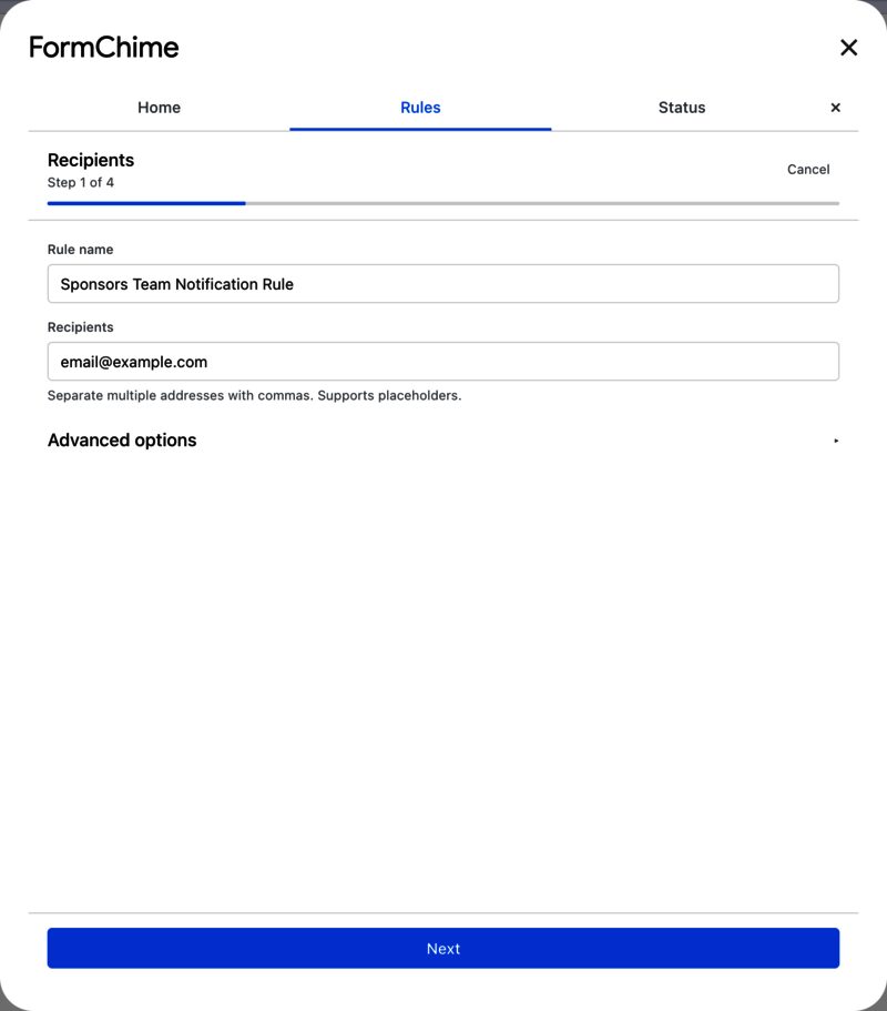 Rule editor step 1: setting the rule name and recipient email addresses