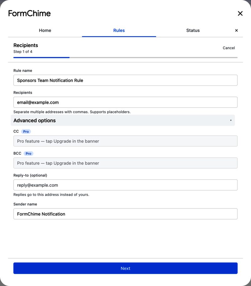 Rule editor step 1 with advanced options expanded, showing CC, BCC, reply-to and sender name fields