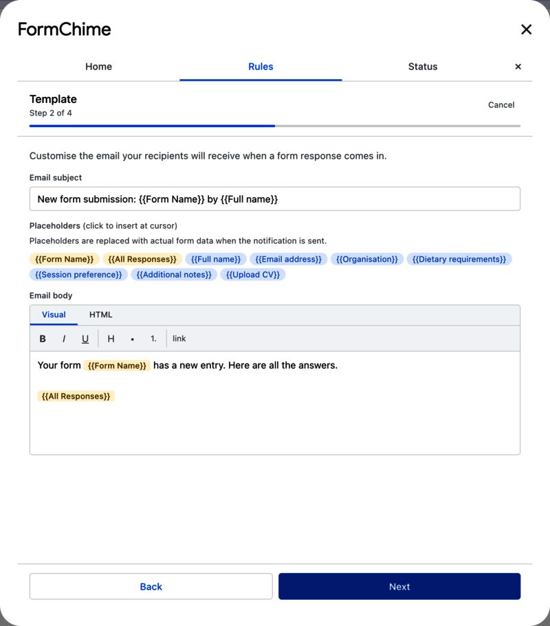 Rule editor step 2: customising the email subject and body with placeholder chips and a visual editor