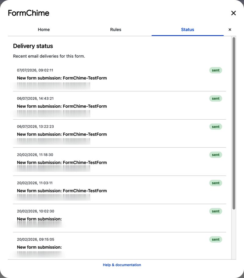 Delivery status log showing recent email sends with timestamps, subjects and sent badges